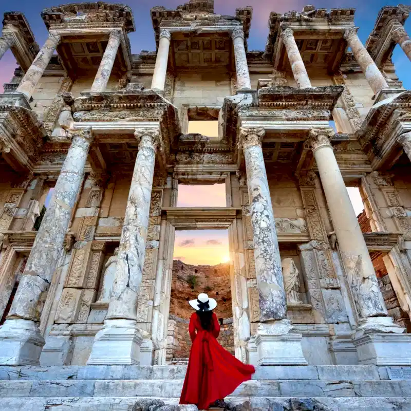 woman standing celsus library ephesus ancient city izmir turkey scaled